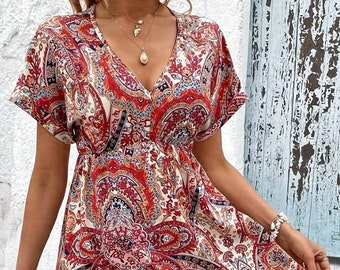 Vestido boho, cuello de manga corta, vestido boho, vestido de cintura alta, vestido de verano, vestido medio, vestido floral, estampado floral, vestido de mujer, regalarla