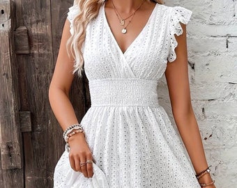 Elegante jurk, witte jurk, zomerjurk, damesjurk, vintage jurk, unieke jurk, Boho jurk, Boho jurk, mid jurk, cadeau voor haar