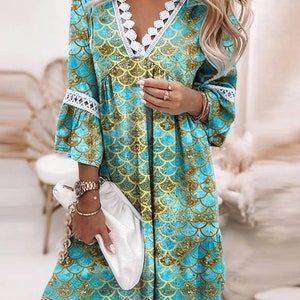 Robe bohème, robe bohème, robe d'été, robe mi-longue, robe à fleurs, robe à motifs, imprimé floral, robe vintage, robe pour femme, cadeau pour elle Green