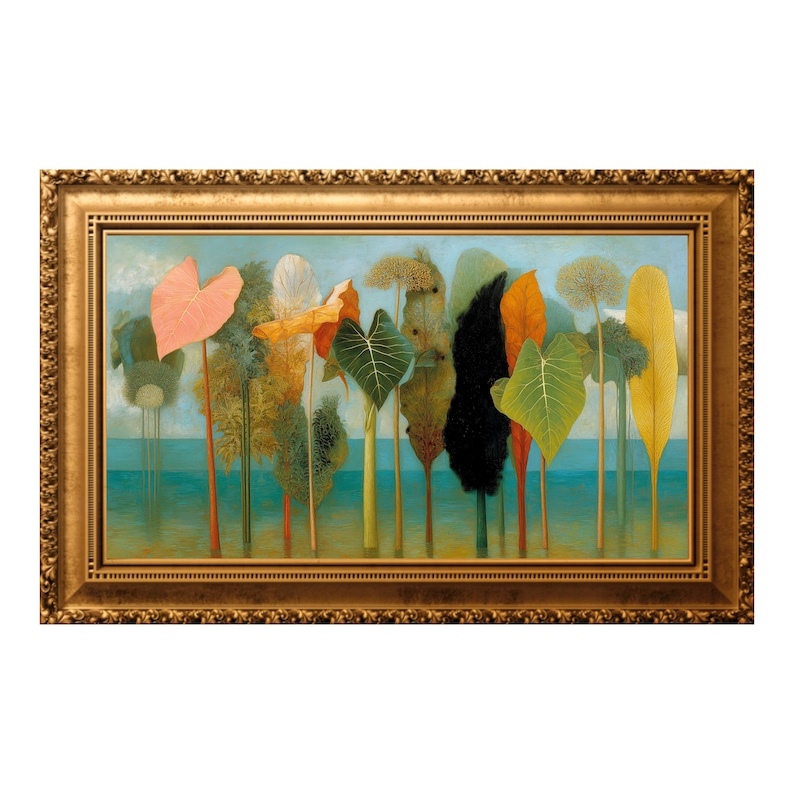 May include: An abstract painting of a landscape featuring stylized trees with colorful leaves and trunks. The artwork is framed in a gold ornate frame, with a blue and teal background. The trees have various colors, including pink, green, yellow, and black.