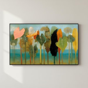 May include: A framed art print featuring a surreal landscape with stylized trees and foliage. The artwork showcases a variety of colors, including peach, green, yellow, and black, set against a light blue sky and water. The print is enclosed in a black frame.