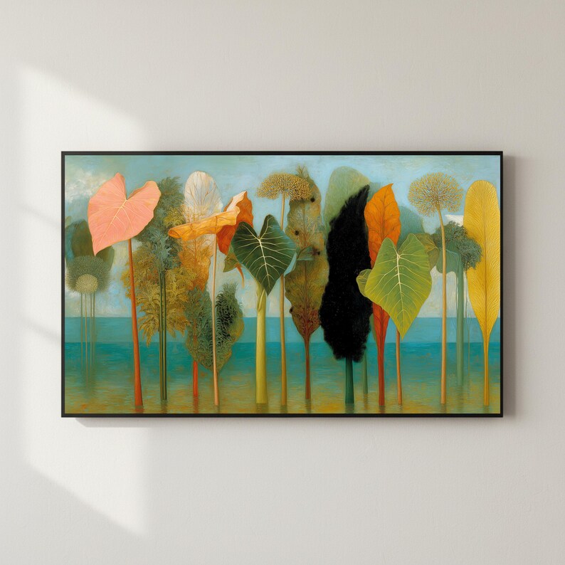 May include: A framed art print featuring a surreal landscape with stylized trees and foliage. The artwork showcases a variety of colors, including peach, green, yellow, and black, set against a light blue sky and water. The print is enclosed in a black frame.