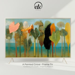 May include: A framed TV with a colorful painting of a grove of trees. The artwork features trees with various leaf shapes and colors, including pink, green, and yellow, set against a blue background. The text "A Painted Grove • Frame TV" is visible.