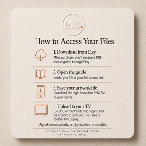 May include: A square, off-white card with the text "How to Access Your Files" and numbered steps for digital artwork download. Includes instructions for Etsy, saving files, and uploading to a TV. The card has the "etc." logo.