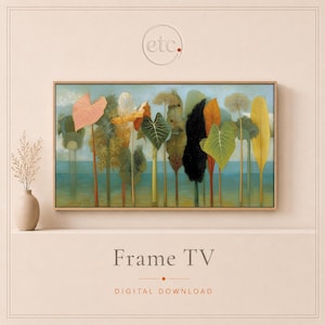 May include: A framed art print featuring a landscape of stylized trees with colorful foliage. The artwork includes a variety of leaf shapes and colors, set against a light blue background. The text "Frame TV" and "DIGITAL DOWNLOAD" are at the bottom.