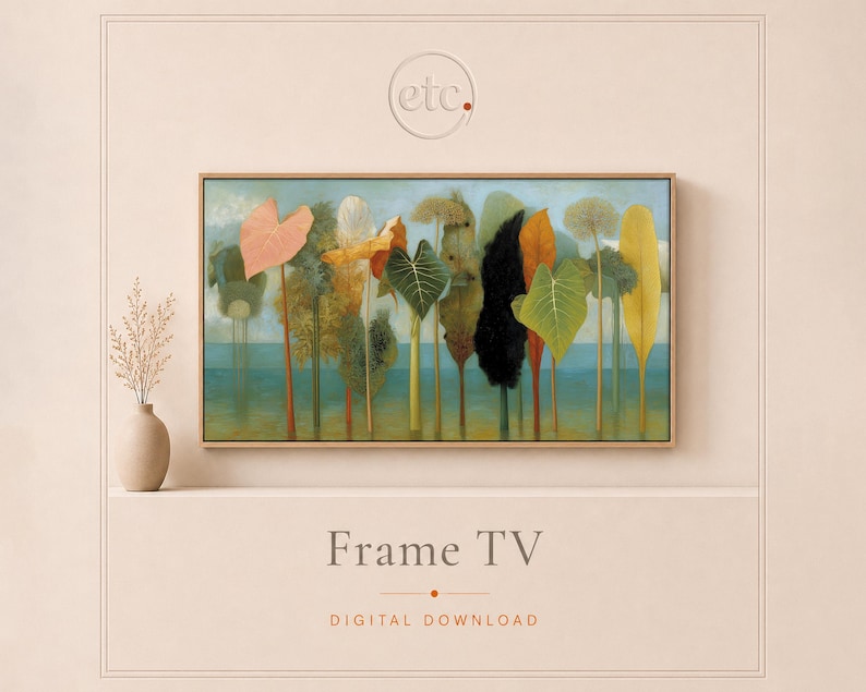 May include: A framed art print featuring a landscape of stylized trees with colorful foliage. The artwork includes a variety of leaf shapes and colors, set against a light blue background. The text "Frame TV" and "DIGITAL DOWNLOAD" are at the bottom.