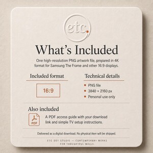 May include: A digital download product description on a cream-colored card. The text "What's Included" is at the top, followed by details about a high-resolution PNG artwork file. Includes a 16:9 format, PNG file, 3840 x 2160 px, and personal use only.