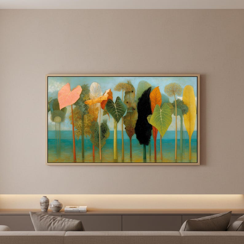 May include: An abstract art print featuring a row of stylized trees with colorful foliage. The artwork includes shades of orange, green, yellow, and black against a light blue sky and teal water. The framed print has a natural wood finish.