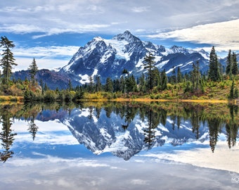 Mountains reflected in Lake Print, Wall Art of Snowy Mountains trees and lake