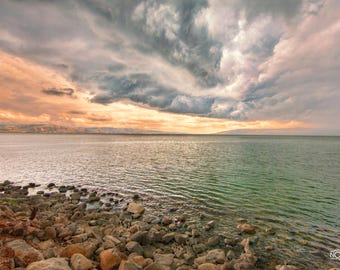 Land of the Bible Print, Sunset at the Sea of Galilee, Wall Art from the Holy Land of Israel