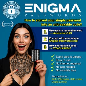 Puede incluir: Un anuncio de Enigma Passwords. La imagen presenta a una mujer sosteniendo una pequeña tarjeta negra con letras y números. El texto explica cómo convertir una contraseña simple en un código irrompible usando la tarjeta. El fondo es azul.