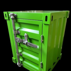 May include: A small green metal cabinet with a single door and a metal latch. The cabinet has a textured surface and is made to look like a shipping container.
