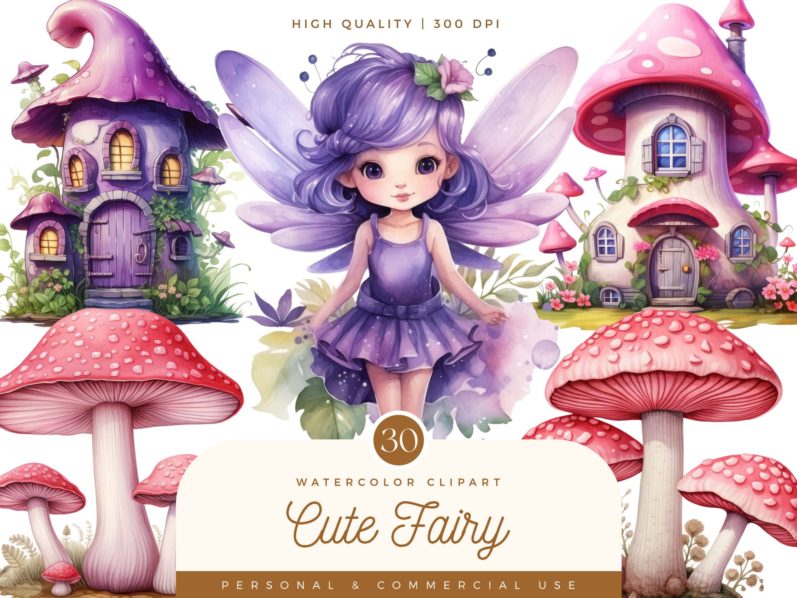 30 Watercolor Cute Fairy Clipart Bundle Sublimation Designs Digital ...