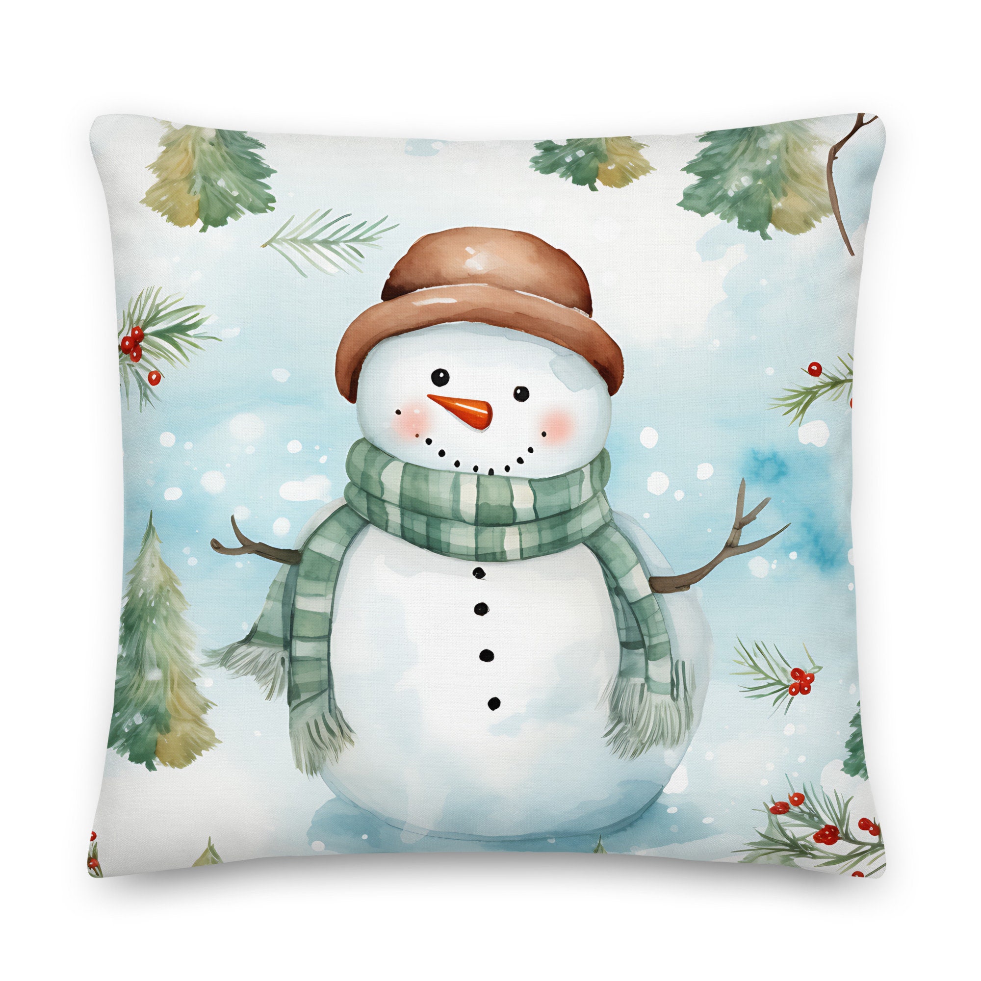 Cute Winter Snowman Pillow, Joyful Watercolor Snowman Design, Sizes 18