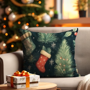 Blue Christmas Throw Pillow, Christmas Stockings and Evergreens Design, 18 x 18 & 22 x 22, Holiday Decor