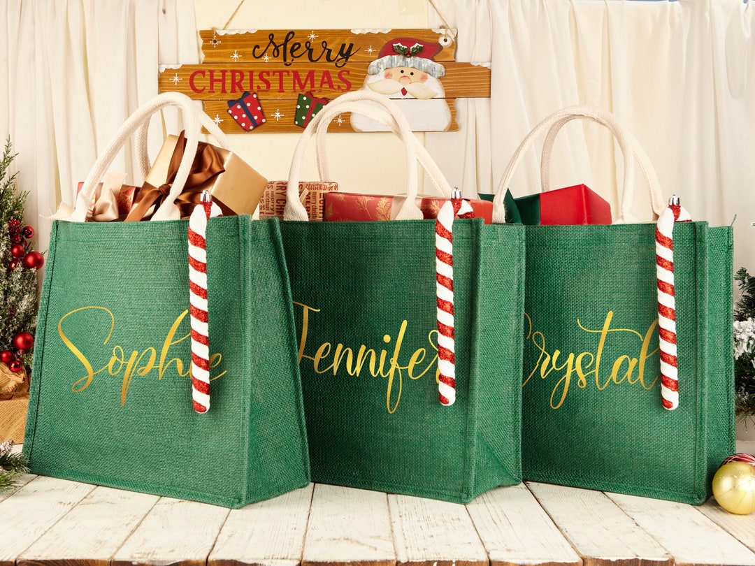 Personalized Burlap Christmas Bag Monogram Burlap Tote Bag Etsy
