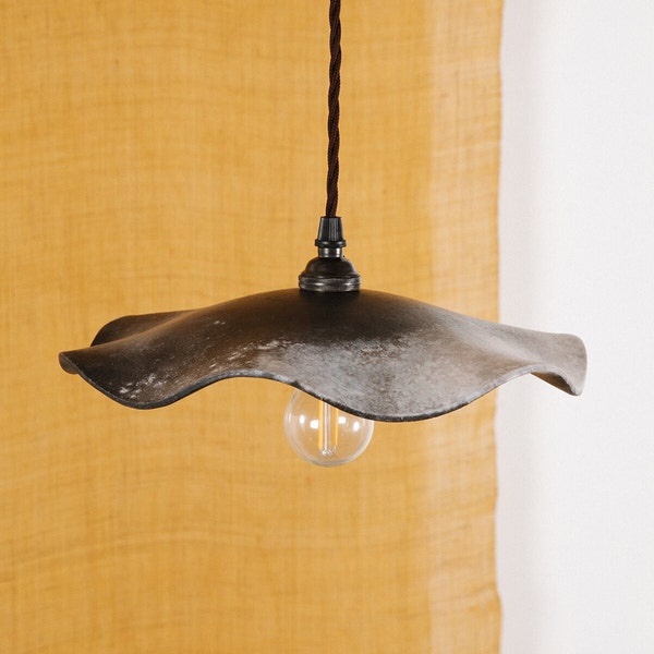 Handmade Ceramic Pendant Light | Contemporary Sculptural Lamp Shade | Organic | Wavy | Slate Grey