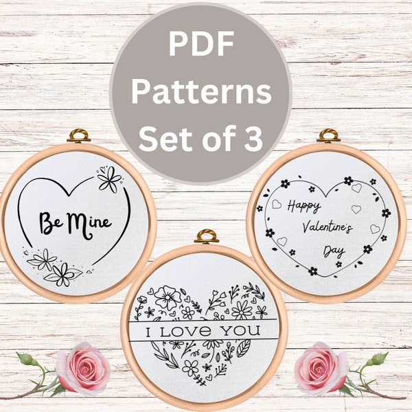 Valentine's Embroidery Design Bundle, Hand embroidery pattern PDF, Bundle of three different Valentine’s Day heart designs.