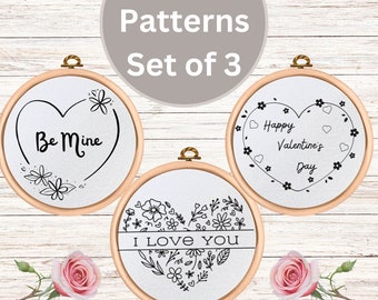 Valentine's Embroidery Design Bundle, Hand embroidery pattern PDF, Bundle of three different Valentine’s Day heart designs.