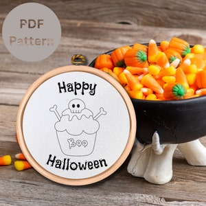 Halloween embroidery pattern, Cute Halloween cupcake hand embroidery printable design, PDF template, DIY Halloween decoration