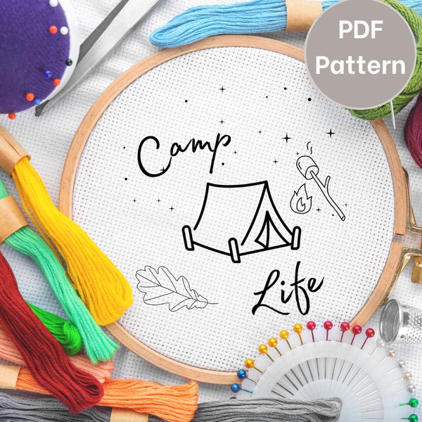 Camping embroidery design, Printable hand embroidery pattern PDF, Camp life