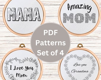 Mother’s Day Embroidery Design Bundle, Hand embroidery pattern PDF, Bundle of four different Mothers Day designs.