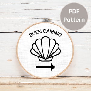 Patrón de bordado del Camino de Santiago; diseño de bordado de senderismo; patrón de bordado a mano de concha de vieira del Buen Camino PDF
