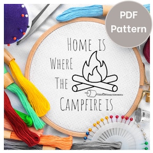 Camping embroidery design pattern, Campfire hand embroidery pattern PDF, RV decor
