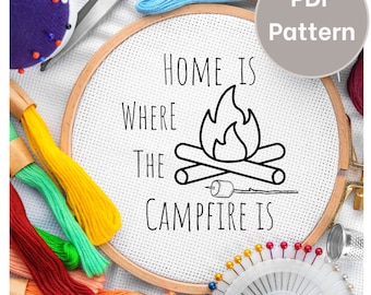 Camping embroidery design pattern, Campfire hand embroidery pattern PDF, RV decor