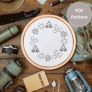 Camping embroidery pattern, Hand embroidery pattern PDF, camping wreath