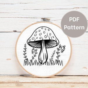 Mushroom embroidery pattern; mushroom embroidery design; Hand embroidery pattern PDF digital download, Woodland toadstool