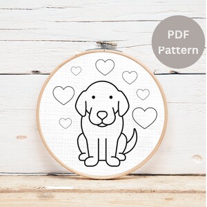 Puede incluir: Dibujo en blanco y negro de un perro con corazones a su alrededor. El perro está sentado con las patas cruzadas y la cola enroscada. La imagen está sobre un fondo blanco y está en un aro.