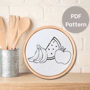 Fruit Embroidery design, Apple Banana Watermelon printable PDF pattern, Food embroidery file, Hand embroidery pattern