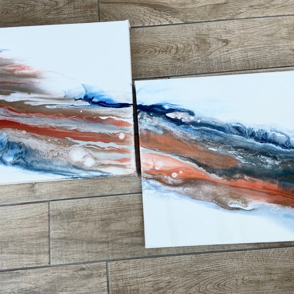 Original large deep edge  acrylic diptych Painting  “lava flow” 40 x 40 cm on 2 canvases