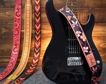 Personalized Guitar Straps Floral Print, Engraved Leather Guitar Strap for Guitar Lover, Custom Guitar Strap for Women, Unique Gift for Her