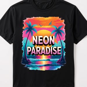Neon Paradise Synthwave T-Shirt: 80s Retro Palm Tree Graphic
