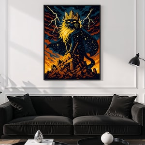 Cosmic Cat King Art Print: Gothic Celestial Lightning (Digital Download)