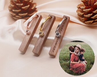 Projection Photo Wooden Keychain,Personalised Photo Engraving Wood Keyring,Custom Memorial KeyChain,Anniversary Birthday Gift  for Her/Him