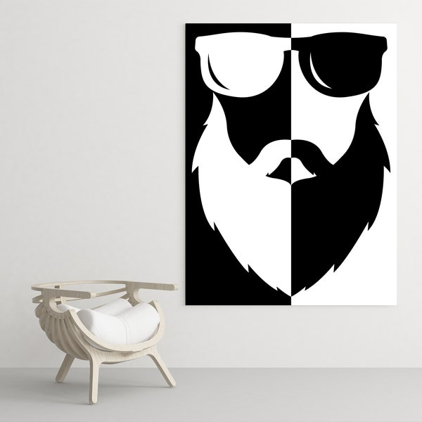 Cool Beard Printable Art, Man Cave Art, Black and White Abstract Art, Black and White Wall Art, Beard and Sunglasses, B&W Digital Art