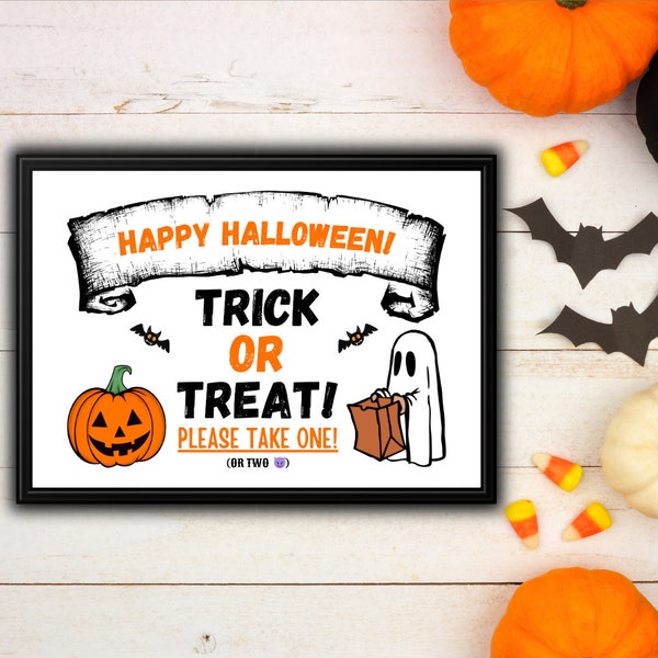 Trick or Treat-teken, afdrukbaar Halloween-teken, Halloween Candy-teken, Halloween-teken, afdrukbaar Trick or Treat-teken, Halloween-snoepkom