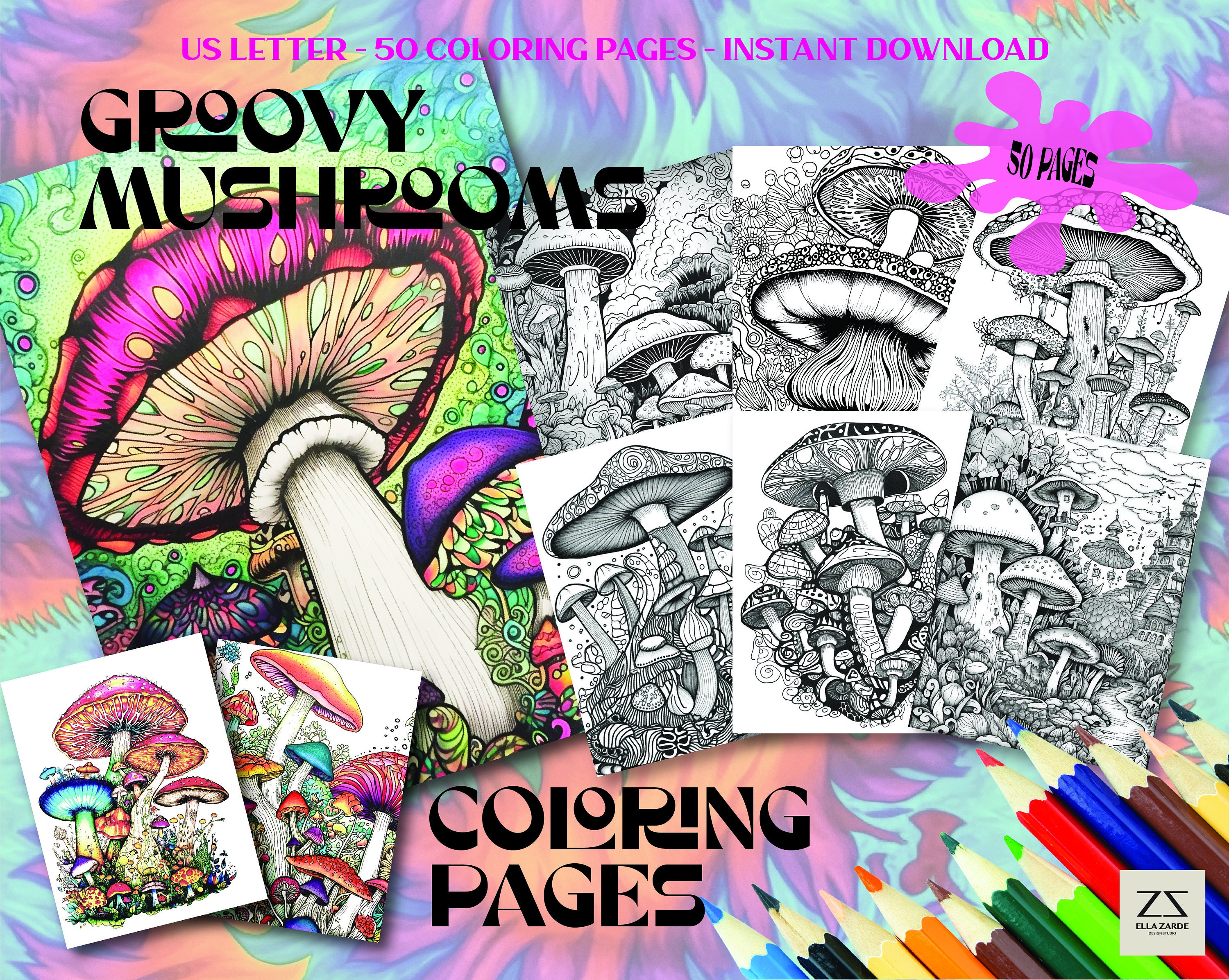 Groovy digital coloring pages set. Hippie coloring book in vintage 70s  style. Geometric retro design templates with Psychedelic flowers,  mushrooms, rainbow and hand drawn elements. Vector illustration Stock  Vector