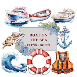 Aquarell Boot am Meer Clipart, Anker, Rettungsweste-Rettungsring, Wellen, Blumen, digitale Clipart, sofortiger Download für kommerzielle Nutzung