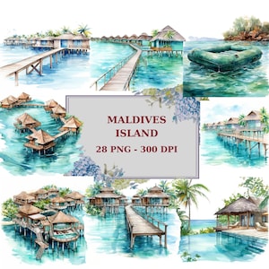 Aquarel Maldiven eilanden clipart, zee, zomer, eiland, Maldiven, kokosnoot, digitale clipart, 300 DPI, instant download voor commercieel gebruik