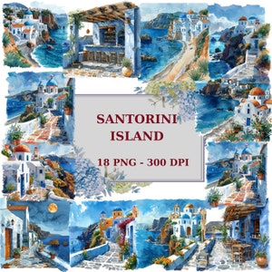 18 cliparts aquarelle de l'île de Santorin, île grecque, clipart numérique d'été, PNG - 300 DPI, téléchargement immédiat pour un usage commercial - lot 1