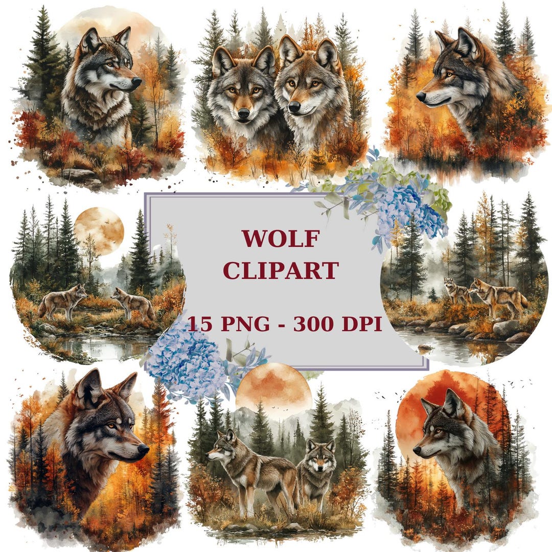 15 Watercolor Wolf Clipart, Wolfs in the Forest, Wolfs Near the River ...