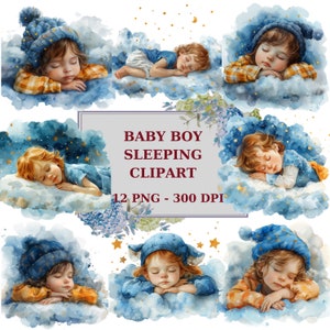 Aquarel babyjongen slapen clipart, babyjongens ontspannen op wolken, 300 DPI, digitale clipart, instant download voor commercieel gebruik - Set 2