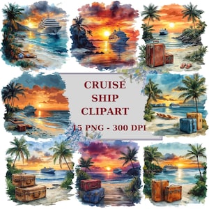 15 Aquarell Kreuzfahrtschiff am Sommertag Clipart, Strand, Insel, Koffer, digitale Clipart, 300 DPI, sofortiger Download für kommerzielle Nutzung-Set1
