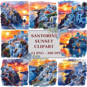 15 clipart coucher de soleil aquarelle de Santorin, île grecque, été, clipart numérique, PNG - 300 DPI, téléchargement immédiat pour un usage commercial - lot 2