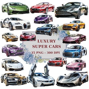 Imágenes prediseñadas de supercoches de acuarela, lamborghini, porsche, bugatti, audi r8, ferrari, bmw i8, 300 DPI, descarga instantánea para uso comercial - Set 1