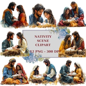 12 Watercolor nativity scene clipart, baby birth clipart, family birth scene, digital clipart, 300 DPI, instant download for commercial use